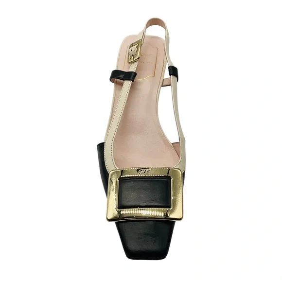 ROGER VIVIER BLACK / IVORY / GOLD BUCKLE LOW HEEL LEATHER SLINGBACK PUMPS - Picture 4 of 7